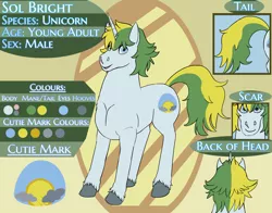 Size: 2300x1800 | Tagged: safe, artist:azurllinate, derpibooru import, oc, oc:sol bright, pony, unicorn, bangs, blue eyes, cloven hooves, colored, cutie mark, description is relevant, different angles, flat colors, green hair, hooves, horn, image, looking at you, male, muscles, muscular stallion, open mouth, png, reference sheet, scar, simple background, smiling, solo, strong, text, thick neck, two toned mane, two toned tail, unicorn oc, wavy mane, wavy tail, yellow hair