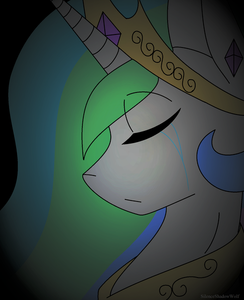 Size: 1478x1814 | Tagged: safe, artist:silenceshadowwolf, derpibooru import, princess celestia, alicorn, pony, bust, eyes closed, female, frown, horn, image, jewelry, mare, png, tiara