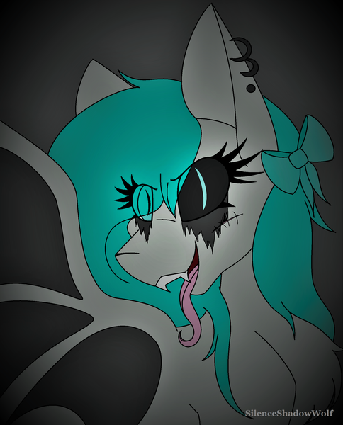 Size: 1943x2409 | Tagged: safe, artist:silenceshadowwolf, derpibooru import, oc, unofficial characters only, bat pony, pony, bat pony oc, bat wings, bow, bust, ear piercing, earring, eye clipping through hair, eyelashes, fangs, female, forked tongue, hair bow, heterochromia, image, jewelry, mare, piercing, png, solo, wings