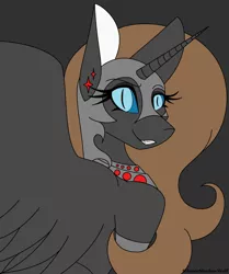 Size: 1928x2304 | Tagged: safe, artist:silenceshadowwolf, derpibooru import, oc, unofficial characters only, alicorn, alicorn oc, bust, dark background, ear piercing, eyelashes, female, grin, helmet, horn, image, not nightmare moon, peytral, piercing, png, smiling, solo, wings