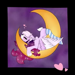 Size: 2500x2500 | Tagged: safe, artist:lullam0on, derpibooru import, oc, oc:lullaby, unofficial characters only, pegasus, pony, clothes, crescent moon, eyes closed, female, floppy ears, heart, image, mare, moon, paws, pegasus oc, png, sleeping, socks, solo, striped socks, tangible heavenly object, transparent moon, two toned wings, wings