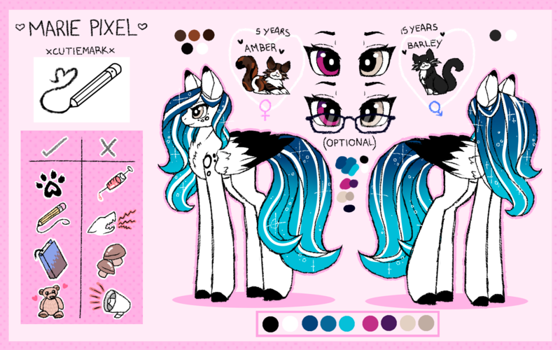 Size: 1600x1000 | Tagged: safe, artist:inspiredpixels, derpibooru import, oc, oc:marie pixel, unofficial characters only, pegasus, pony, female, glasses, heterochromia, image, mare, png, reference sheet, solo, standing, two toned wings, wings