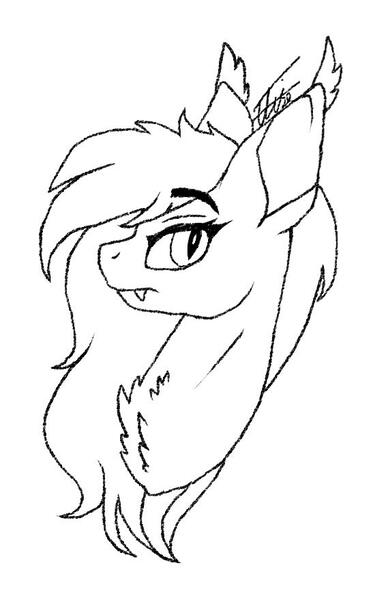 Size: 547x880 | Tagged: safe, artist:inspiredpixels, derpibooru import, oc, unofficial characters only, bat pony, pony, bat pony oc, bat wings, bust, chest fluff, ear fluff, eyebrows, eyebrows visible through hair, fangs, female, frown, image, jpeg, looking at you, mare, profile, signature, slit eyes, wings