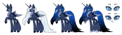 Size: 4560x1314 | Tagged: safe, artist:inspiredpixels, derpibooru import, princess luna, alicorn, pony, coat markings, colored hooves, colored wings, crown, eyebrows, eyebrows visible through hair, female, folded wings, high res, hoof shoes, image, jewelry, mare, pale belly, png, raised hoof, regalia, simple background, slit eyes, solo, tail feathers, transparent background, wings