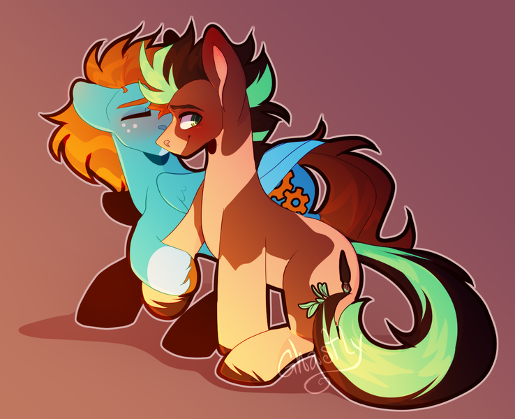 Size: 1224x995 | Tagged: safe, artist:ghastlyexists, derpibooru import, oc, oc:carbon, oc:sagebrush, unofficial characters only, earth pony, pegasus, pony, blushing, cute, cutie mark, earth pony oc, eyes closed, eyes open, fullbody, gay, image, kissing, male, males only, multicolored hair, multicolored mane, multicolored tail, oc x oc, pegasus oc, png, pony oc, shipping, stallion, unshorn fetlocks, watermark, wings