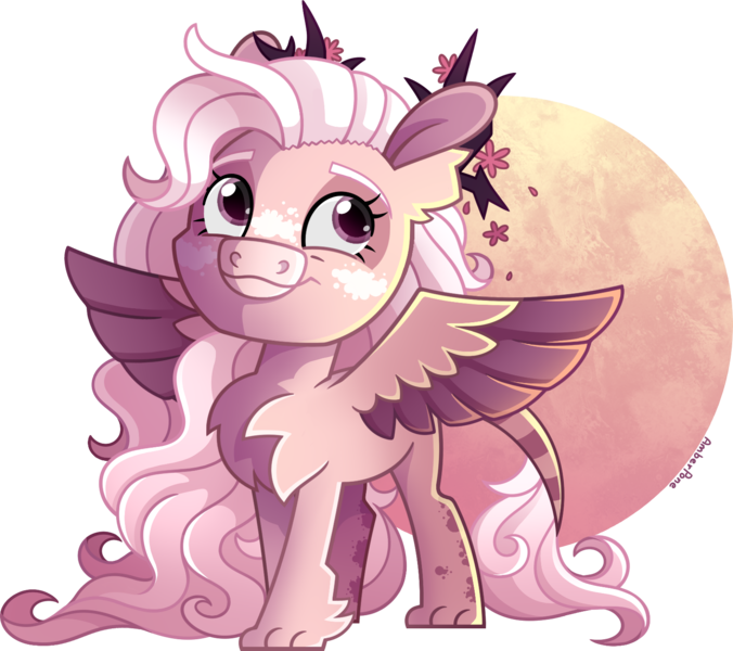 Size: 1563x1387 | Tagged: safe, artist:amberpone, derpibooru import, oc, oc:sakura, hybrid, pegasus, pony, art trade, chest fluff, digital art, female, full body, image, interspecies offspring, long mane, mare, offspring, paint tool sai, parent:discord, parent:fluttershy, parents:discoshy, paws, pink mane, png, simple background, solo, transparent background, wings