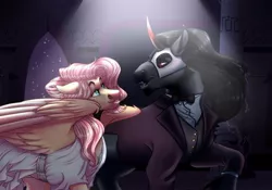 Size: 2048x1433 | Tagged: safe, derpibooru import, fluttershy, king sombra, pegasus, pony, umbrum, unicorn, clothes, female, image, jpeg, looking at each other, male, mare, mask, phantom of the opera, shipping, sombrashy, stallion, straight