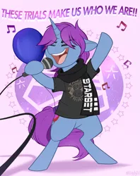 Size: 951x1200 | Tagged: safe, artist:higgly-chan, derpibooru import, oc, oc:mobian, unofficial characters only, pony, unicorn, balloon, clothes, eyes closed, happy, image, lyrics, microphone, open mouth, png, raised hoof, scarf, shirt, simple background, singing, standing on two hooves, standing up, starset, t-shirt, text
