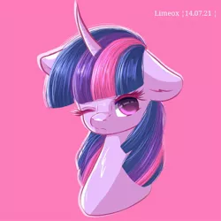 Size: 2048x2048 | Tagged: safe, artist:limeox1, derpibooru import, twilight sparkle, pony, bust, female, frown, high res, image, jpeg, mare, one eye closed, pink background, portrait, simple background, solo