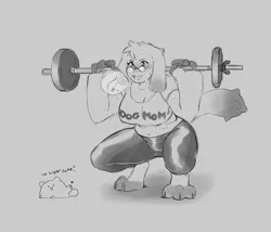 Size: 2104x1798 | Tagged: safe, artist:cosmicminerals, derpibooru import, oc, oc:chalk, unofficial characters only, cat, diamond dog, breath, clothes, dialogue, female, female diamond dog, glasses, image, pants, png, shirt, simple background, smiling, sweat, weight lifting, white background, yoga pants