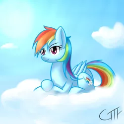 Size: 2000x2000 | Tagged: safe, artist:giftry365, derpibooru import, rainbow dash, pegasus, pony, cloud, female, image, jpeg, mare, on a cloud, sitting, sitting on cloud, sky background, solo