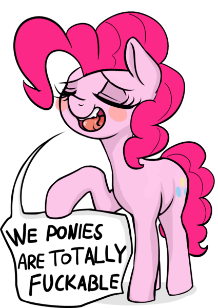 Size: 1522x2150 | Tagged: suggestive, artist:coinpo, derpibooru import, edit, editor:datzigga, pinkie pie, earth pony, pony, blushing, cute, cute little fangs, dialogue, diapinkes, explanation, fangs, female, image, leaning, meme, png, smug, solo, speech bubble, talking to viewer, vulgar