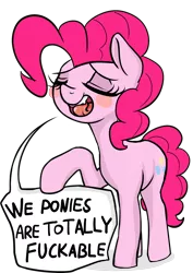 Size: 1522x2150 | Tagged: suggestive, artist:coinpo, derpibooru import, edit, editor:datzigga, pinkie pie, earth pony, pony, blushing, cute, cute little fangs, dialogue, diapinkes, explanation, fangs, female, image, leaning, meme, png, smug, solo, speech bubble, talking to viewer, vulgar