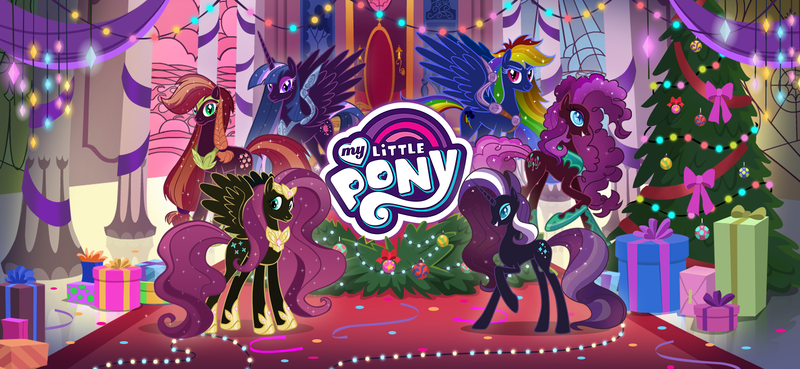 Size: 1666x768 | Tagged: safe, derpibooru import, applejack, fluttershy, nightmare rarity, pinkie pie, rainbow dash, rarity, twilight sparkle, gameloft, image, loading screen, mane six, my little pony logo, nightmare applejack, nightmare fluttershy, nightmare pinkie, nightmare rainbow dash, nightmare six, nightmare twilight, nightmarified, official, png, video game