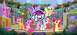 Size: 1666x768 | Tagged: safe, derpibooru import, apple bloom, biscuit, fluttershy, pinkie pie, scootaloo, spur, sweetie belle, twilight sparkle, alicorn, growing up is hard to do, cutie mark crusaders, gameloft, image, loading screen, my little pony logo, official, older, older apple bloom, older cmc, older scootaloo, older sweetie belle, png, twilight sparkle (alicorn), video game