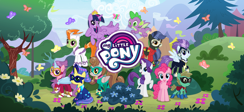 Size: 1666x768 | Tagged: safe, derpibooru import, fili-second, humdrum, humdrum (pony), masked matter-horn, mistress marevelous, pinkie pie, radiance, rarity, saddle rager, spike, twilight sparkle, zapp, alicorn, dragon, gameloft, image, loading screen, my little pony logo, official, png, power ponies, twilight sparkle (alicorn), video game, winged spike