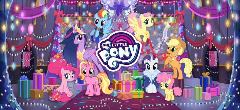 Size: 1666x768 | Tagged: safe, derpibooru import, official, applejack, fluttershy, li'l cheese, luster dawn, pinkie pie, princess twilight 2.0, rainbow dash, rarity, twilight sparkle, twilight sparkle (alicorn), alicorn, the last problem, christmas, christmas lights, gameloft, granny smith's shawl, holiday, image, loading screen, mane six, my little pony logo, older, older applejack, older fluttershy, older mane six, older pinkie pie, older rainbow dash, older rarity, older twilight, png, present, rearing, video game