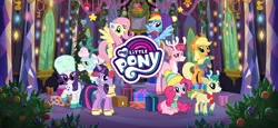 Size: 1666x768 | Tagged: safe, derpibooru import, official, alice the reindeer, applejack, aurora the reindeer, bori the reindeer, fluttershy, pinkie pie, rainbow dash, rarity, twilight sparkle, twilight sparkle (alicorn), alicorn, boots, clothes, earmuffs, gameloft, hat, hearth's warming, image, loading screen, mane six, my little pony logo, new crown, png, present, rearing, scarf, shoes, sunglasses, the gift givers, twilight's castle, video game, winter outfit