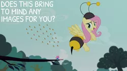 Size: 1280x720 | Tagged: safe, derpibooru import, edit, edited screencap, editor:quoterific, screencap, fluttershy, seabreeze, bee, breezie, insect, pegasus, pony, it ain't easy being breezies, season 4, animal costume, bee costume, clothes, costume, female, flutterbee, flying, image, jpeg, mare, open mouth, tree