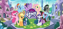 Size: 1666x768 | Tagged: safe, derpibooru import, idw, applejack, fluttershy, pinkie pie, radiant hope, rainbow dash, rarity, twilight sparkle, alicorn, bipedal, crystal empire, gameloft, image, loading screen, mane six, my little pony logo, new crown, official, png, reformed sombra, twilight sparkle (alicorn), video game