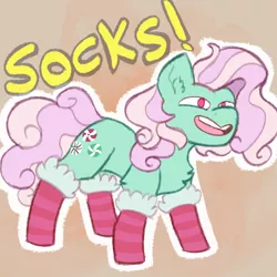 Size: 1000x1000 | Tagged: safe, artist:apatheticxaddict, derpibooru import, minty, earth pony, pony, a very minty christmas, chest fluff, clothes, cute, ear fluff, female, image, mintabetes, open mouth, png, simple background, socks, solo, stockings, text, that pony sure does love socks, thigh highs