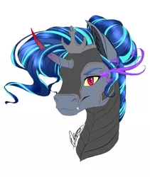 Size: 1727x2048 | Tagged: safe, artist:eperyton, derpibooru import, oc, unofficial characters only, pony, unicorn, bust, curved horn, fangs, horn, image, jpeg, magical gay spawn, male, offspring, parent:king sombra, parent:shining armor, parents:shiningsombra, signature, simple background, solo, sombra eyes, stallion, unicorn oc, white background