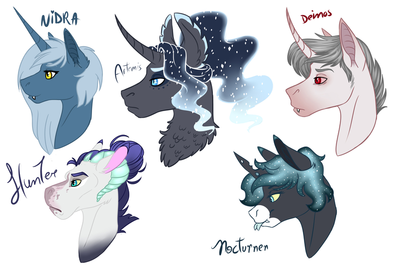 Size: 6512x4512 | Tagged: safe, artist:eperyton, derpibooru import, oc, oc:artemis, oc:deimos, oc:hunter, oc:nocturnen, oc:princess nidra, unofficial characters only, pony, unicorn, bust, chest fluff, ethereal mane, female, horn, horns, image, interspecies offspring, jpeg, male, mare, offspring, parent:oc:daedalus ravenwing, parent:oc:supernova, parent:princess luna, parents:canon x oc, simple background, stallion, starry mane, unicorn oc, white background