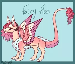 Size: 1750x1500 | Tagged: safe, artist:misskanabelle, derpibooru import, oc, oc:fairy floss, unofficial characters only, draconequus, hybrid, pony, abstract background, adopted offspring, draconequus oc, female, image, interspecies offspring, magical lesbian spawn, offspring, parent:pinkie pie, parent:princess skystar, parents:skypie, png, signature, solo