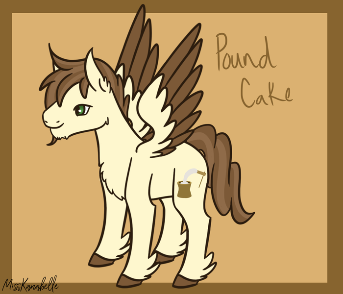 Size: 1750x1500 | Tagged: safe, artist:misskanabelle, derpibooru import, pound cake, pegasus, pony, abstract background, chest fluff, ear fluff, feathered fetlocks, image, male, older, older pound cake, png, signature, solo, stallion, two toned wings, wings