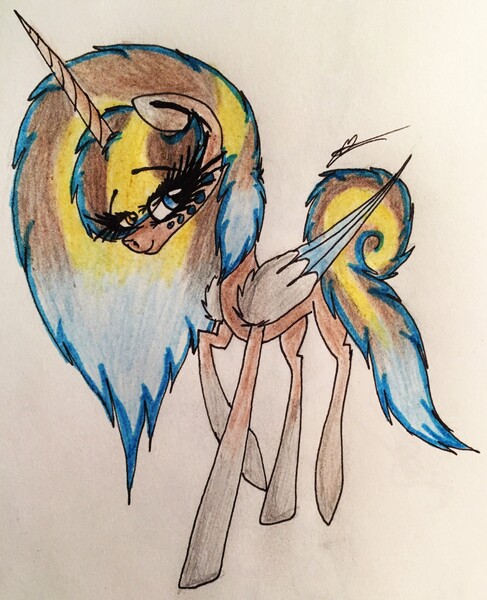 Size: 2324x2861 | Tagged: safe, artist:beamybutt, derpibooru import, oc, oc:moonbeam, alicorn, pony, alicorn oc, eyelashes, female, horn, image, jpeg, mare, raised hoof, signature, smiling, traditional art, two toned wings, wings