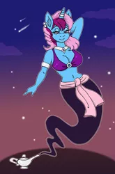 Size: 658x1000 | Tagged: safe, artist:vampiralady, derpibooru import, oc, oc:parcly taxel, unofficial characters only, alicorn, anthro, genie, unicorn, albumin flask, bra, bracelet, clothes, collar, commission, ear piercing, earring, floating, horn, horn ring, image, jewelry, lamp, magic lamp, midriff, night, piercing, png, ring, smiling, solo, stars, underwear, waistband, wingless, ych result