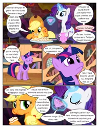 Size: 612x792 | Tagged: safe, artist:newbiespud, derpibooru import, edit, edited screencap, screencap, applejack, rarity, twilight sparkle, earth pony, pony, unicorn, comic:friendship is dragons, made in manehattan, applejack's hat, book, bookshelf, comic, cowboy hat, cup, dialogue, eating, eyelashes, eyes closed, female, freckles, glowing horn, hat, hoof hold, horn, image, indoors, magic, mare, open mouth, png, screencap comic, sitting, teacup, telekinesis, unicorn twilight