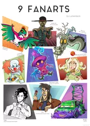 Size: 1081x1507 | Tagged: safe, artist:luckenbeck, derpibooru import, discord, draconequus, hawlucha, six fanarts, bust, car, cars (pixar), clothes, clown, crossover, dragon ball, gambling apocalypse: kaiji, grin, hat, image, jpeg, league of legends, male, mortal kombat, pokémon, red nose, smiling, the promised neverland, thinking