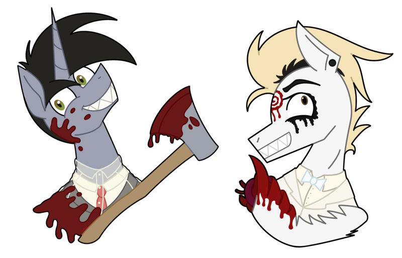 Size: 2691x1725 | Tagged: semi-grimdark, artist:dyonys, derpibooru import, oc, oc:ice nine, oc:motionless white, unofficial characters only, pony, axe, blood, heart (organ), image, male, organs, png, sharp teeth, simple background, stallion, teeth, transparent background, weapon