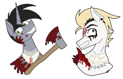 Size: 2691x1725 | Tagged: semi-grimdark, artist:dyonys, derpibooru import, oc, oc:ice nine, oc:motionless white, unofficial characters only, pony, axe, blood, heart (organ), image, male, organs, png, sharp teeth, simple background, stallion, teeth, transparent background, weapon