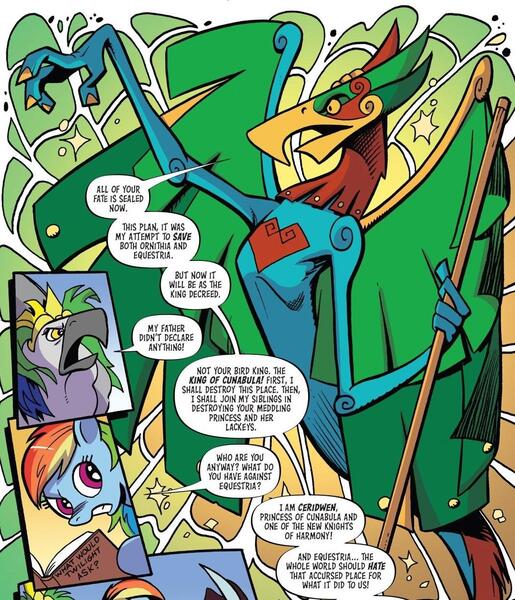 Size: 1048x1221 | Tagged: safe, artist:andypriceart, derpibooru import, idw, rainbow dash, spoiler:comic, spoiler:comic100, ceridwen, image, jpeg, knights of harmony, ocypete, season 10