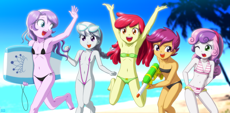 Size: 2031x1000 | Tagged: suggestive, artist:uotapo, banned from derpibooru, apple bloom, diamond tiara, scootaloo, silver spoon, sweetie belle, equestria girls, beach, bikini, clothes, female, image, lolicon, panties, png, sling bikini, swimsuit, thong, underage, underwear
