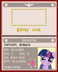 Size: 730x900 | Tagged: safe, artist:phucknuckl, artist:ponygamer2020, derpibooru import, twilight sparkle, twilight sparkle (alicorn), alicorn, pony, the point of no return, adorkable, arstotzka, cute, cutie mark, dork, female, glory to arstotzka, image, mare, papers please, passport, png, solo, twiabetes, vector