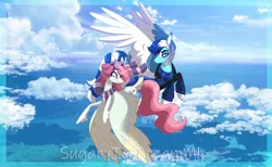 Size: 1280x786 | Tagged: safe, artist:sugaryicecreammlp, derpibooru import, oc, oc:celestial star, oc:wind storm, unofficial characters only, pegasus, pony, clothes, cloud, female, flying, goggles, image, jpeg, male, mare, obtrusive watermark, scarf, stallion, watermark