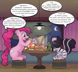 Size: 926x863 | Tagged: safe, artist:zombineko, derpibooru import, pinkie pie, oc, oc:zenawa skunkpony, dragon, earth pony, hybrid, skunk, skunk pony, burger, diaper, drink, eating, food, hay burger, horseshoe fries, image, night, onesie, png, ponytail, raised tail, restaurant, sitting, speech bubble, table, tail, talking, teenager, toddler, toy, zebra print
