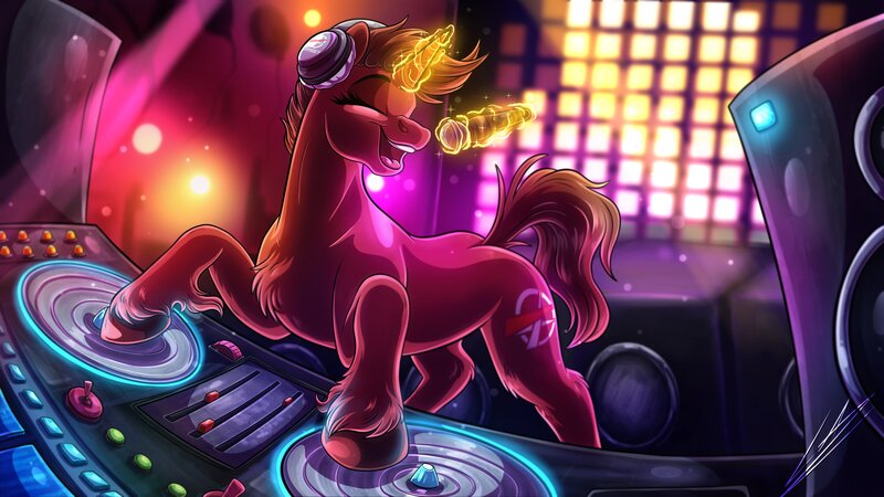 Size: 3840x2160 | Tagged: safe, artist:lupiarts, derpibooru import, vinyl scratch, oc, oc:odyssey eurobeat, unofficial characters only, pony, unicorn, buttons, commission, fanart, headphones, high res, image, jpeg, magic, microphone, music, musician, party, pride, singing, solo, speakers, transgender