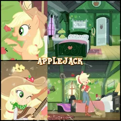 Size: 1080x1080 | Tagged: safe, derpibooru import, edit, edited screencap, editor:flutteriaeth, screencap, applejack, earth pony, pony, equestria girls, equestria girls series, five to nine, over a barrel, season 1, applejack's hat, bedroom, broom, cowboy hat, cute, eyes closed, female, geode of super strength, guitar, hat, image, jackabetes, jewelry, jpeg, magical geodes, mare, musical instrument, necklace, one eye closed, open mouth, smiling, solo, sweet apple acres