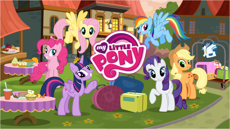 Size: 1922x1082 | Tagged: safe, derpibooru import, applejack, fluttershy, pinkie pie, rainbow dash, rarity, twilight sparkle, alicorn, apple, cake, candy, food, gameloft, image, loading screen, my little pony logo, official, png, twilight sparkle (alicorn), video game