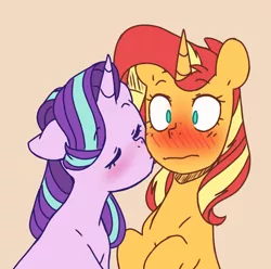 Size: 3765x3729 | Tagged: safe, artist:chub-wub, derpibooru import, starlight glimmer, sunset shimmer, pony, unicorn, blushing, cute, eyes closed, female, flustered, glimmerbetes, image, jpeg, kiss on the cheek, kissing, lesbian, shimmerbetes, shimmerglimmer, shipping