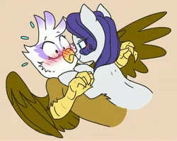 Size: 4096x3255 | Tagged: safe, artist:chub-wub, derpibooru import, gilda, rarity, gryphon, pony, unicorn, bedroom eyes, blushing, boop, crack shipping, eyeshadow, female, flustered, hug, image, jpeg, kissing, lesbian, looking at each other, makeup, mare, noseboop, rarida, shipping