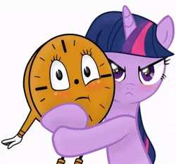Size: 640x600 | Tagged: safe, derpibooru import, twilight sparkle, pony, angry, blushing, clock, crossover, duo, duo female, female, frown, hug, image, jpeg, loki (tv series), looking at you, mare, miss minutes, protecting, simple background, tara strong, voice actor joke, voice actor reference