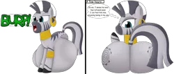 Size: 1280x550 | Tagged: suggestive, artist:girlsvoreboys, derpibooru import, zecora, zebra, 2 panel comic, burp, butt, comic, digestion, image, png, same size vore, speech bubble, squirming, squirming belly, vore, zecorapred, zecorass