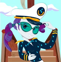 Size: 1631x1670 | Tagged: safe, artist:dashdeviant, derpibooru import, rarity, equestria girls, alternate hairstyle, bowtie, cap, captain rarity, hat, hat tip, image, jpeg, looking at you, ponytail, smiling, smiling at you, sunglasses