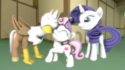 Size: 1280x720 | Tagged: safe, artist:gameact3, derpibooru import, rarity, sweetie belle, oc, oc:silver quill, hippogriff, pony, unicorn, 3d, cute, daaaaaaaaaaaw, eyes closed, female, filly, hippogriff oc, hnnng, image, nuzzling, png, sweetie belle's cutie mark
