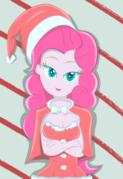 Size: 603x872 | Tagged: suggestive, artist:dashdeviant, derpibooru import, equestria girls, bowtie, breasts, cape, christmas, cleavage, clothes, costume, crossed arms, female, hat, holiday, image, jpeg, looking at you, santa costume, santa hat, simple background, smiling, smiling at you, solo, solo female, striped background